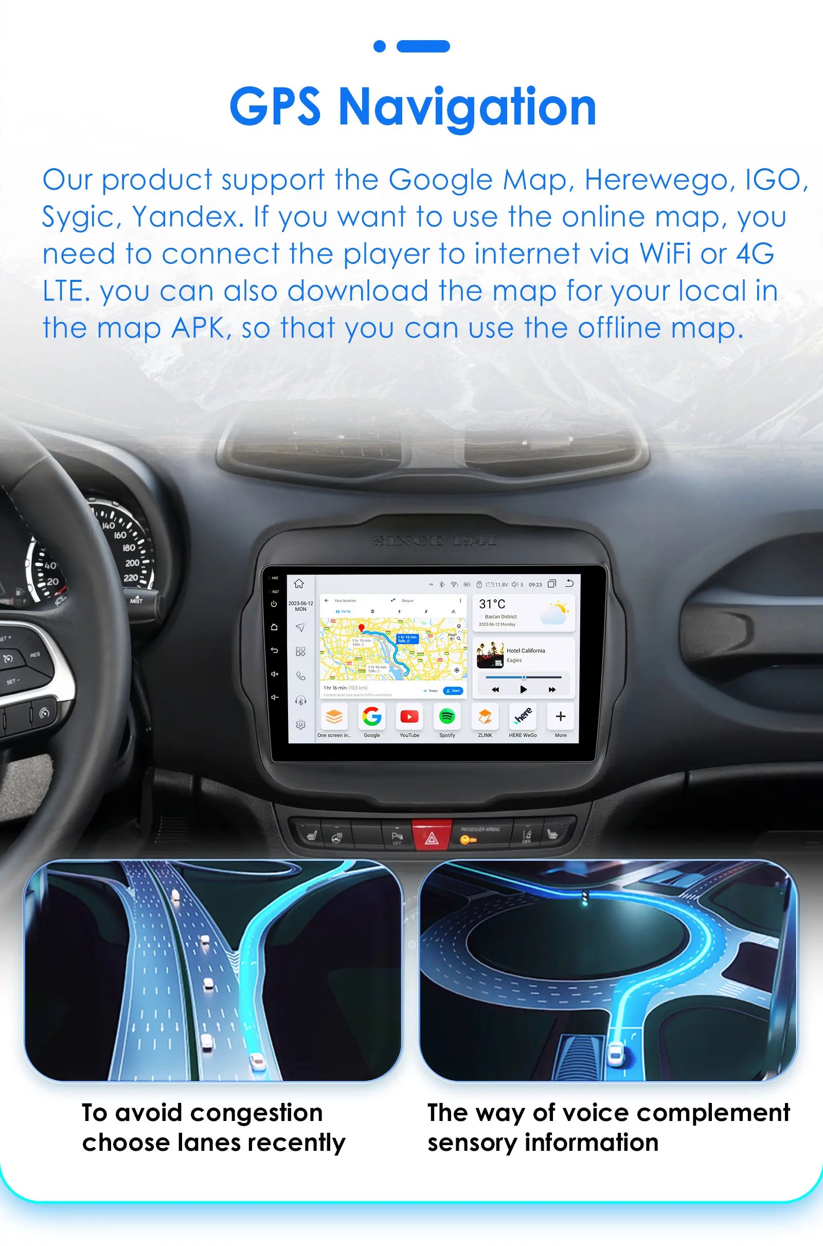 Hizpo Carplay Car Radio For Jeep Renegade 2016 2017 2018 2019 2020 GPS Navigation Android Auto Stereo Multimedia Player 8+128G