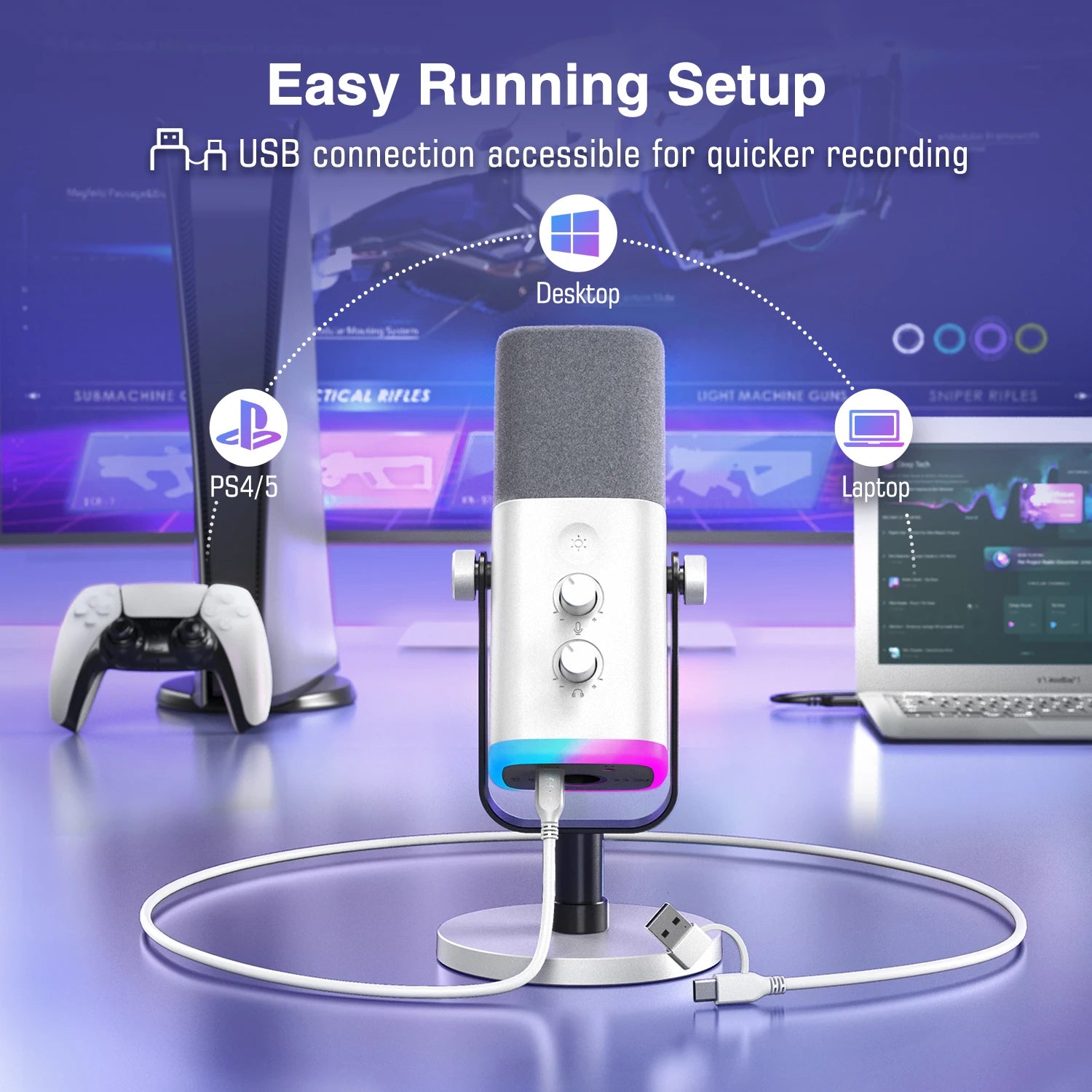 FIFINE XLR/USB Dynamic Microphone with Headphone Jack/RGB/Mute,MIC for Recording Streaming Gaming PS4/PS5 Ampligame AM8W