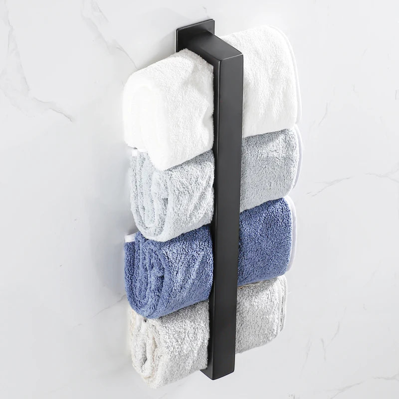 Black Stainless Steel Towel Holder No Drill Wall Shower Towel Shelf Kithchen Towel Hanger Rail Bathroom Towel Rack Self Adhesive
