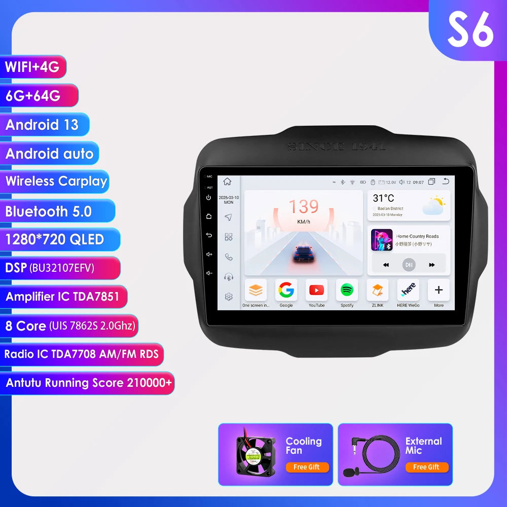 Hizpo Carplay Car Radio For Jeep Renegade 2016 2017 2018 2019 2020 GPS Navigation Android Auto Stereo Multimedia Player 8+128G