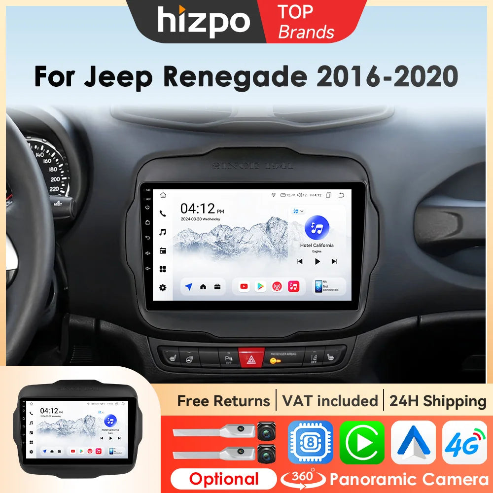 Hizpo Carplay Car Radio For Jeep Renegade 2016 2017 2018 2019 2020 GPS Navigation Android Auto Stereo Multimedia Player 8+128G