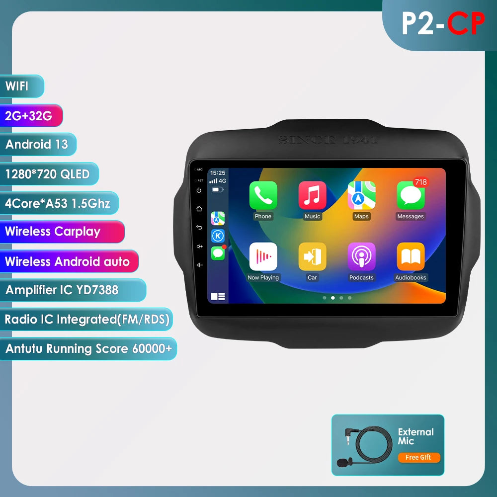 Hizpo Carplay Car Radio For Jeep Renegade 2016 2017 2018 2019 2020 GPS Navigation Android Auto Stereo Multimedia Player 8+128G