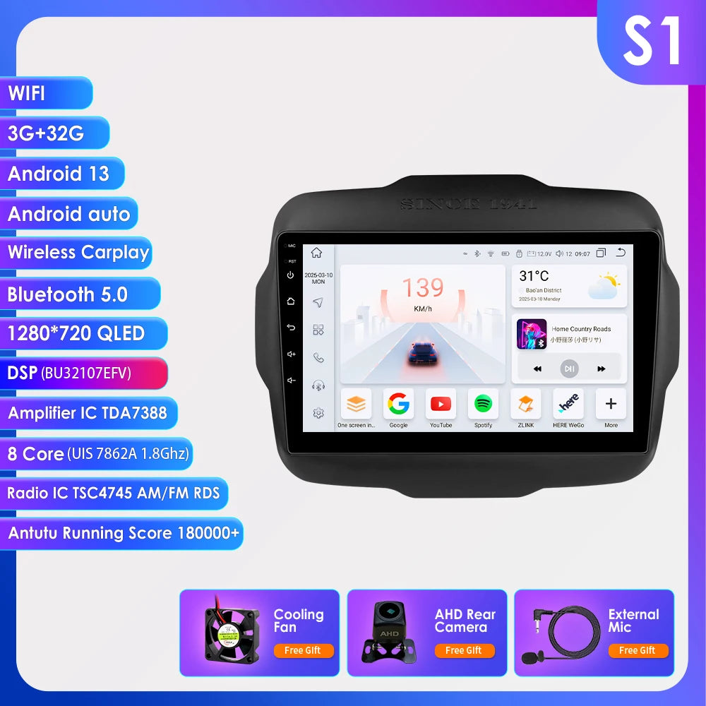 Hizpo Carplay Car Radio For Jeep Renegade 2016 2017 2018 2019 2020 GPS Navigation Android Auto Stereo Multimedia Player 8+128G