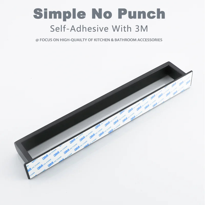 Black Stainless Steel Towel Holder No Drill Wall Shower Towel Shelf Kithchen Towel Hanger Rail Bathroom Towel Rack Self Adhesive