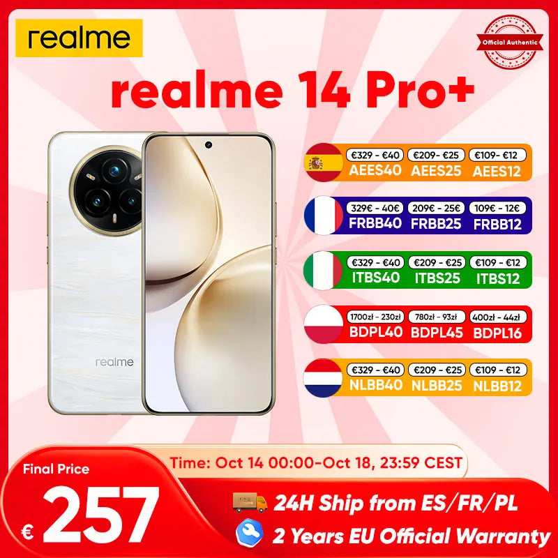 Realme 14 Pro Plus 5g Smartphone Global Version Android Nfc Original Snapdragon 7S Gen 3 6.83'' 120Hz Oled Display 50Mp Camera