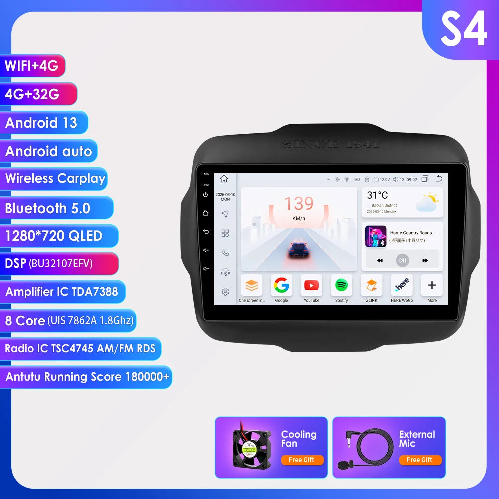 Hizpo Carplay Car Radio For Jeep Renegade 2016 2017 2018 2019 2020 GPS Navigation Android Auto Stereo Multimedia Player 8+128G