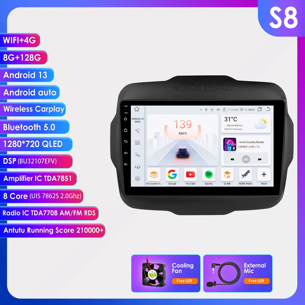 Hizpo Carplay Car Radio For Jeep Renegade 2016 2017 2018 2019 2020 GPS Navigation Android Auto Stereo Multimedia Player 8+128G