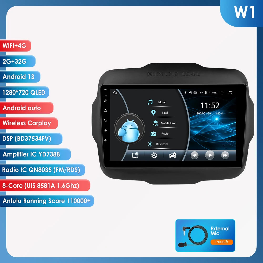 Hizpo Carplay Car Radio For Jeep Renegade 2016 2017 2018 2019 2020 GPS Navigation Android Auto Stereo Multimedia Player 8+128G