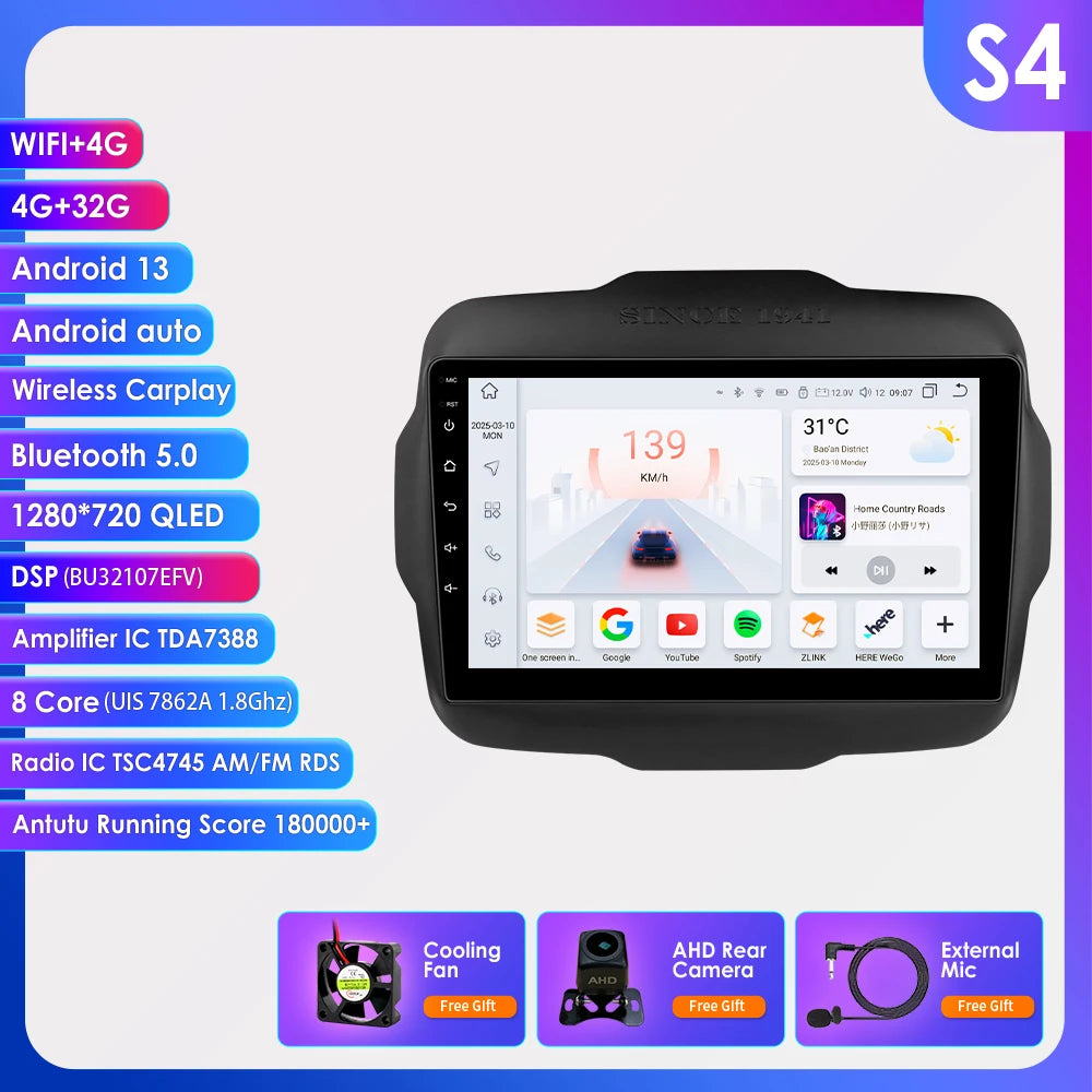 Hizpo Carplay Car Radio For Jeep Renegade 2016 2017 2018 2019 2020 GPS Navigation Android Auto Stereo Multimedia Player 8+128G