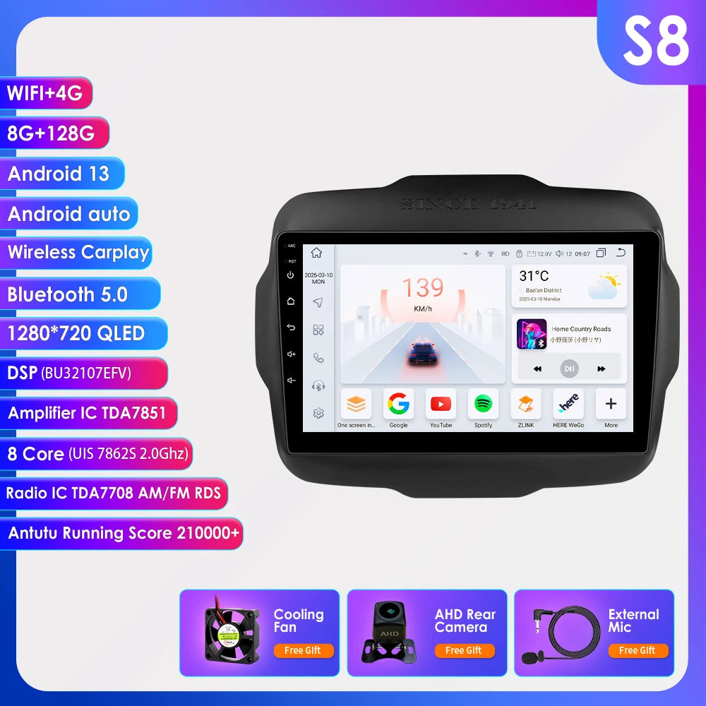 Hizpo Carplay Car Radio For Jeep Renegade 2016 2017 2018 2019 2020 GPS Navigation Android Auto Stereo Multimedia Player 8+128G