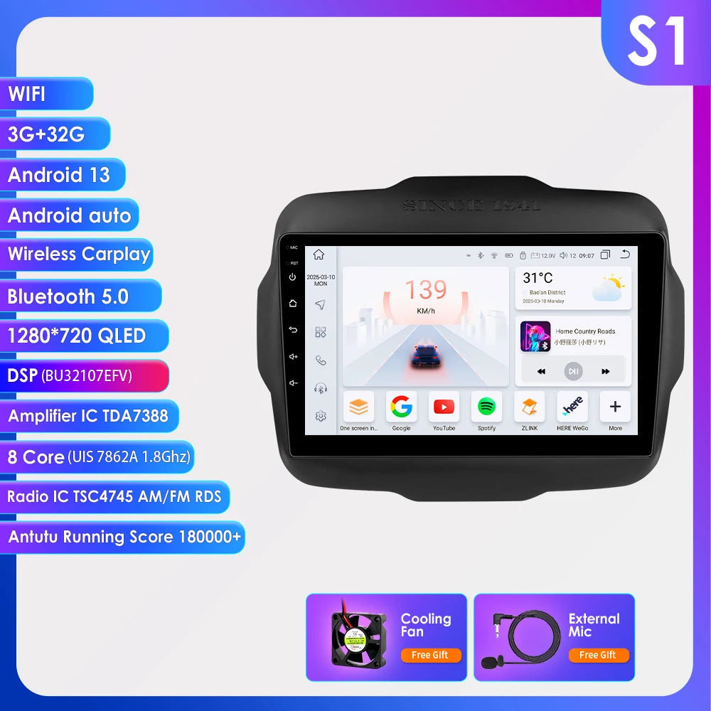 Hizpo Carplay Car Radio For Jeep Renegade 2016 2017 2018 2019 2020 GPS Navigation Android Auto Stereo Multimedia Player 8+128G