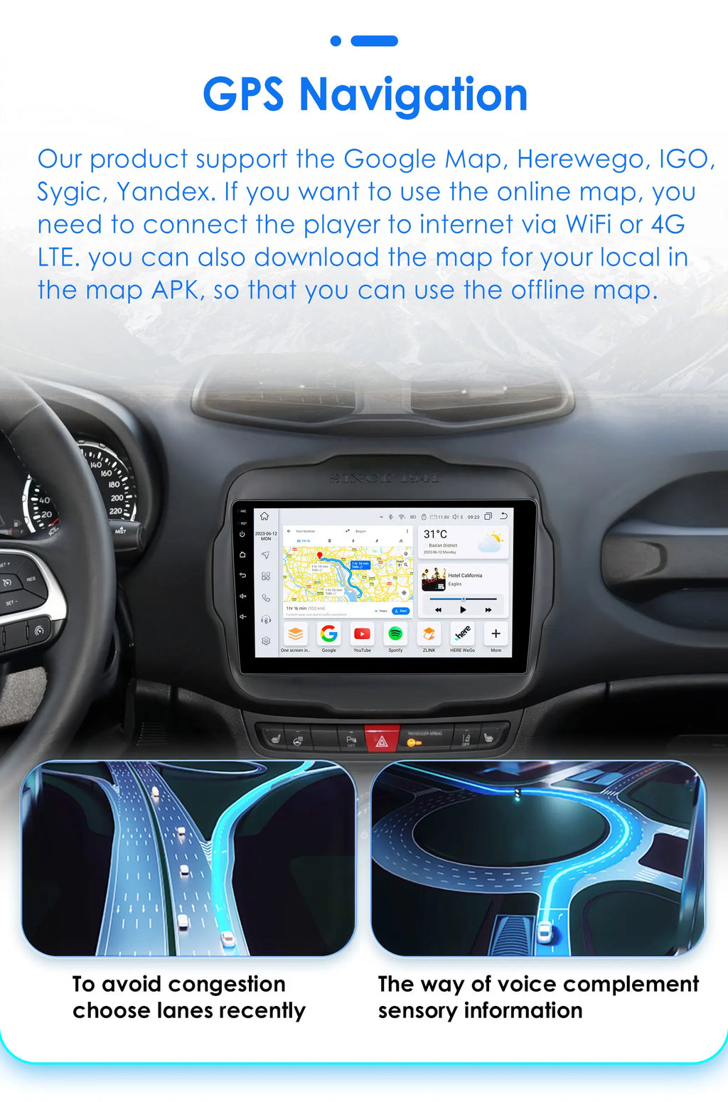 Hizpo Carplay Car Radio For Jeep Renegade 2016 2017 2018 2019 2020 GPS Navigation Android Auto Stereo Multimedia Player 8+128G
